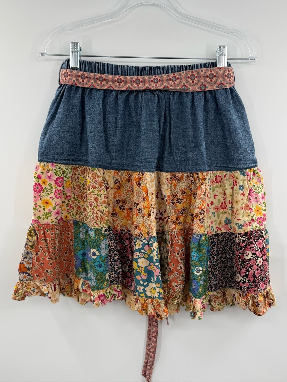 Young Threads Patchwork Floral Denim Skirt Size Medium Boho Prairie Cottagecore - Picture 2 of 10